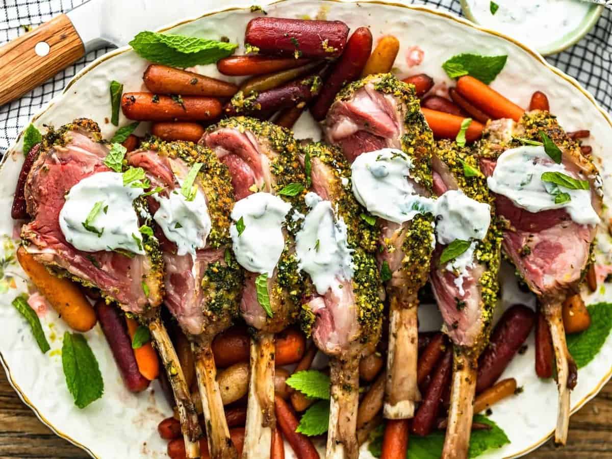 rack of lamb topped with mint yogurt sauce