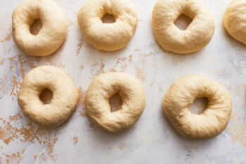 shaped bagel dough on a table.