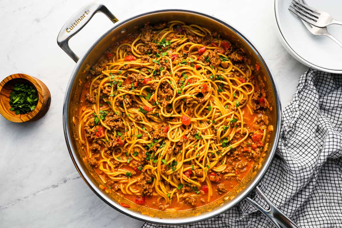 taco spaghetti in a stainless pan.