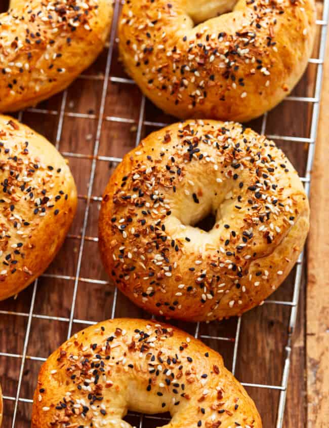 everything bagel seasoned bagels on a wire rack.