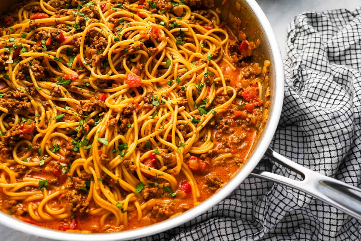 taco spaghetti in a stainless pan.