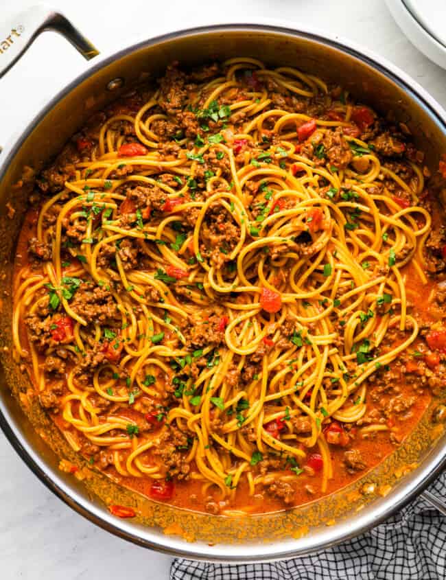 overhead view of taco spaghetti in a stainless pan.