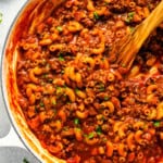 Macaroni noodles and ground beef in a hearty tomato sauce.