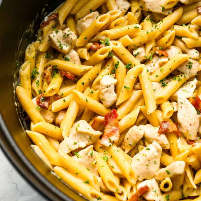 Chicken bacon ranch pasta in a Dutch oven.