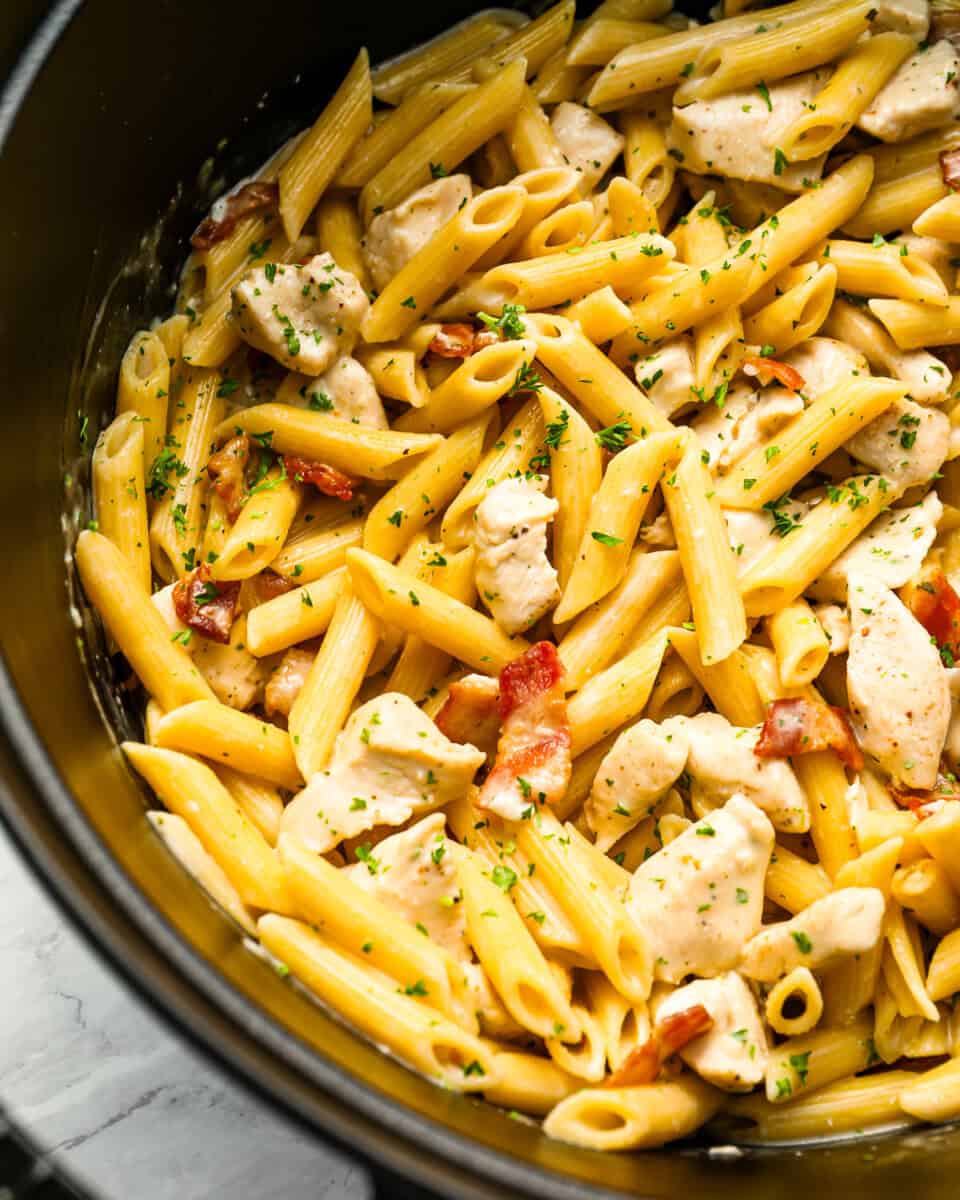 Chicken bacon ranch pasta in a Dutch oven.