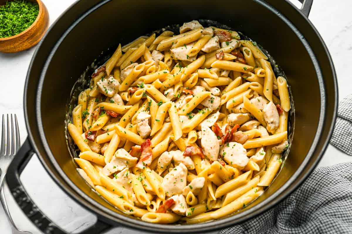 Chicken bacon ranch pasta in a Dutch oven.