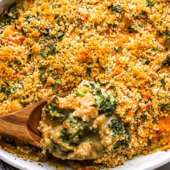 chicken divan with broccoli in a casserole dish.