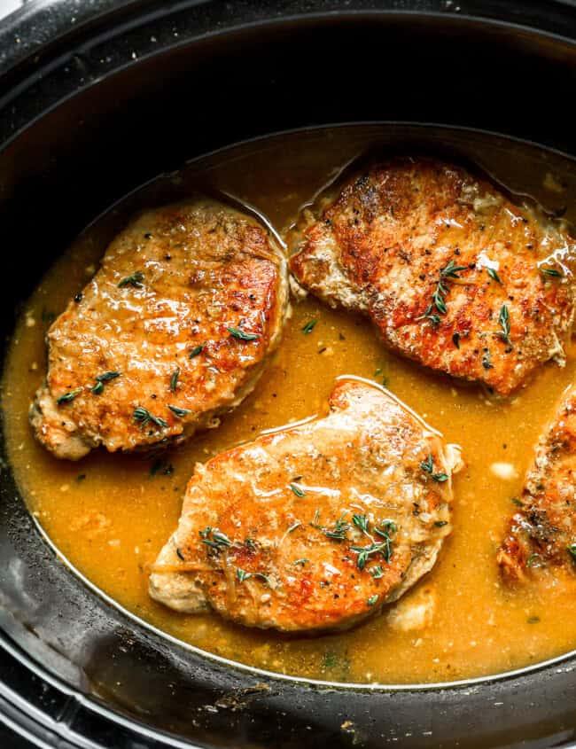 pork chops in gravy in a slow cooker.