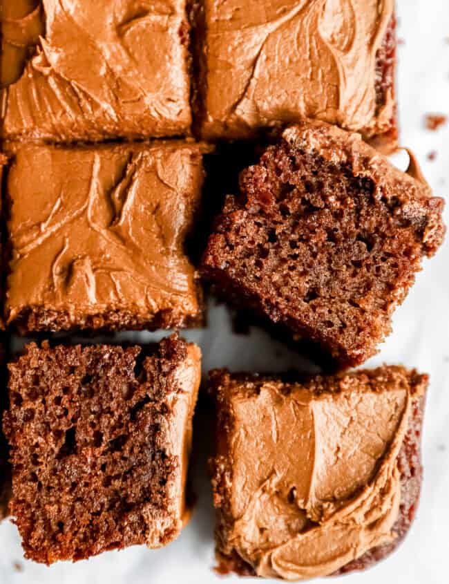 overhead view of slices of dr pepper cake.