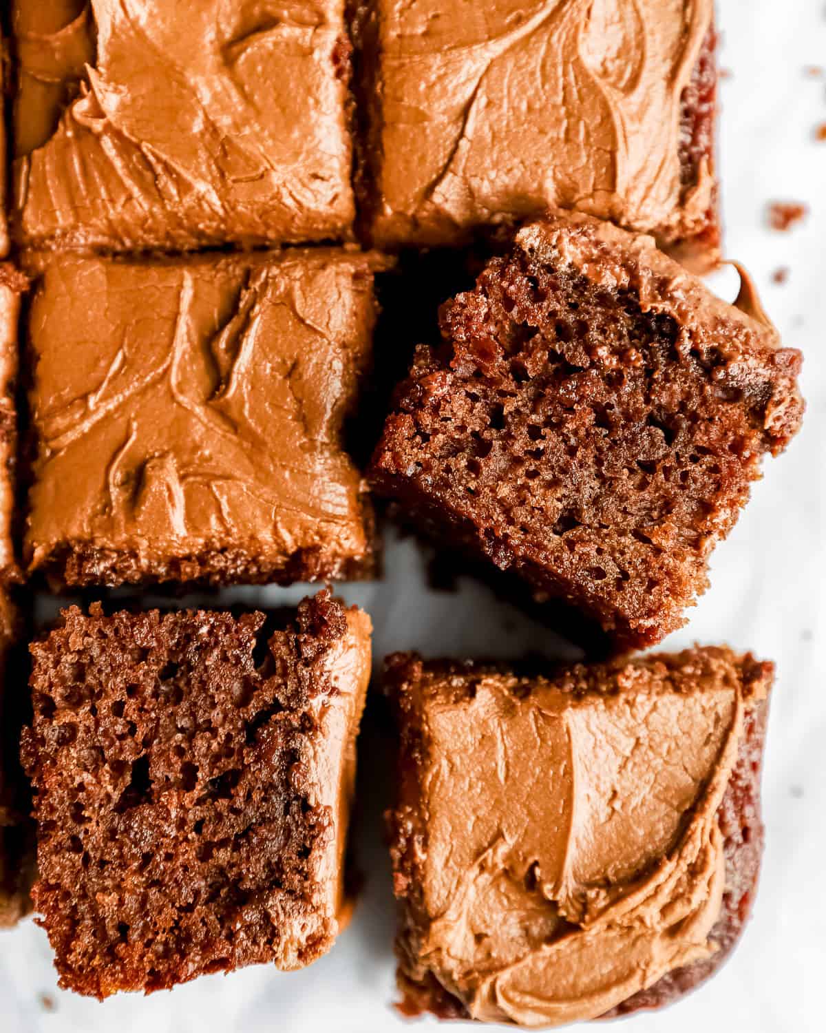 overhead view of slices of dr pepper cake.