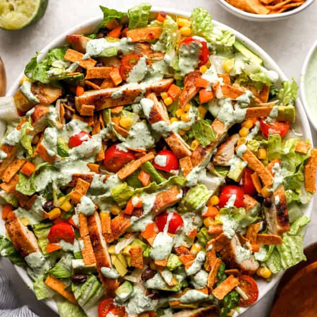 overhead view of southwest salad in a white bowl.