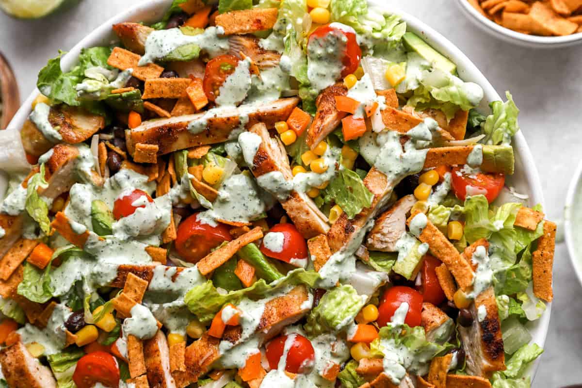 overhead view of southwest salad in a white bowl.