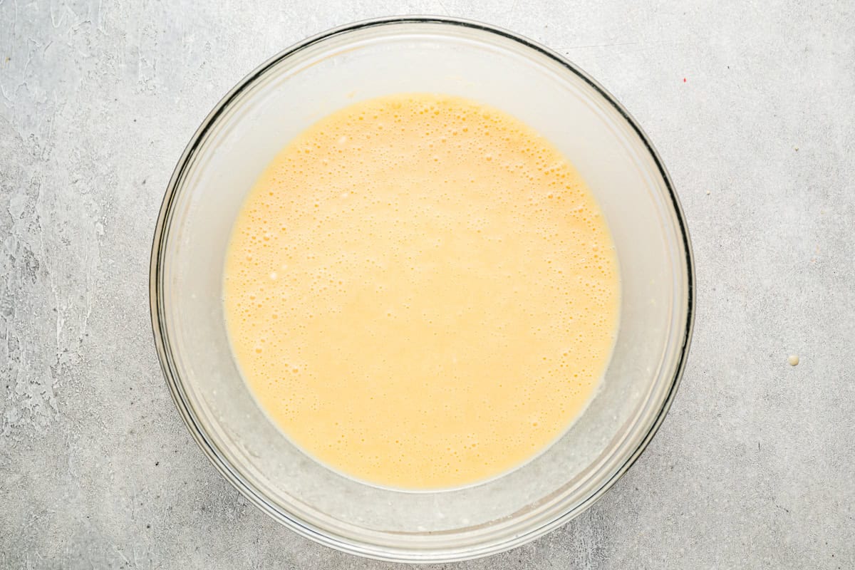 Batter in a glass mixing bowl.