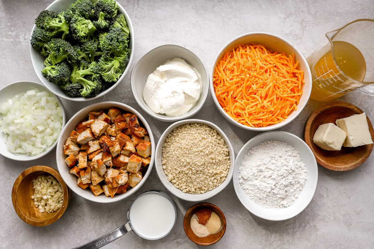 Chicken Divan ingredients arranged in small bowls.