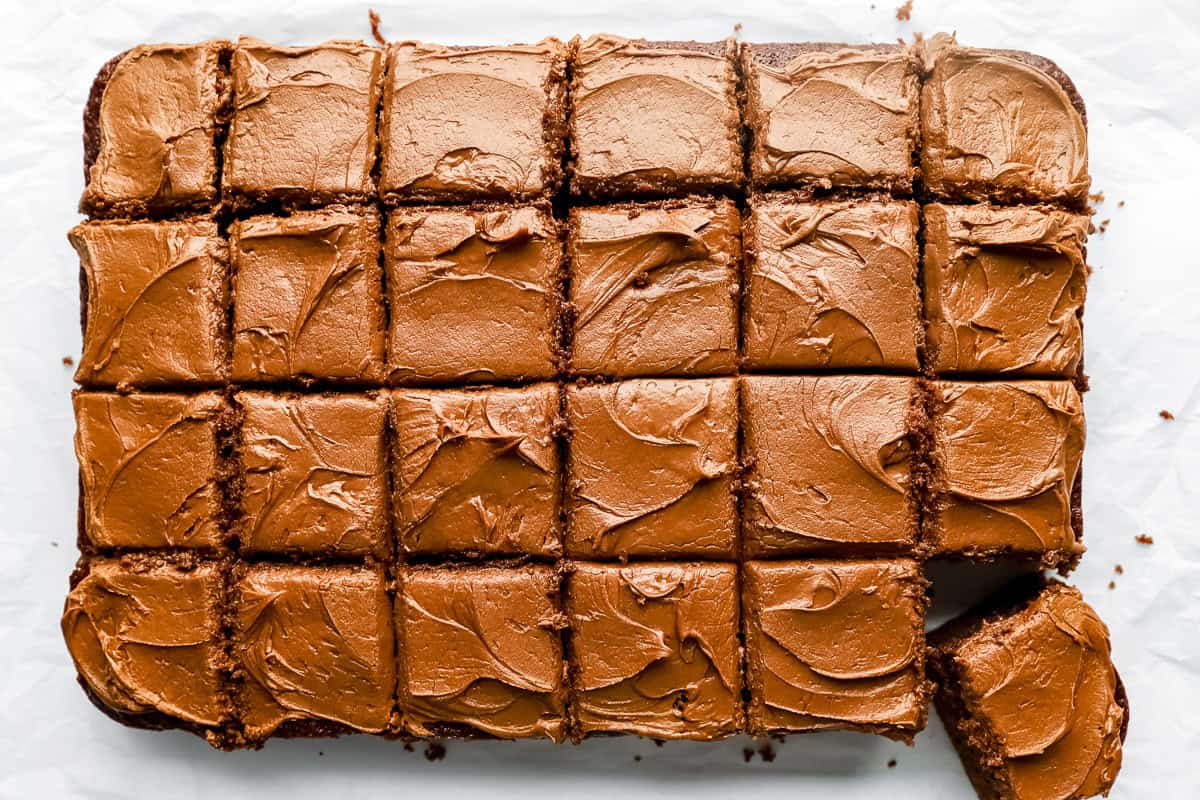 overhead view of dr pepper cake cut into 24 slices.