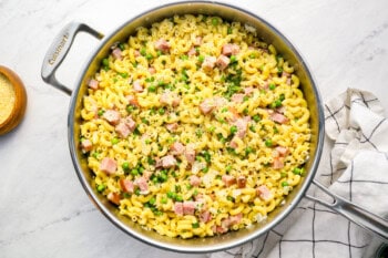 ham and pea pasta in a pan.