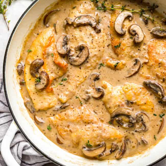 partial overhead view of mushroom chicken in a Dutch oven.