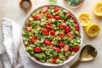 overhead view of avocado salad in a white bowl.