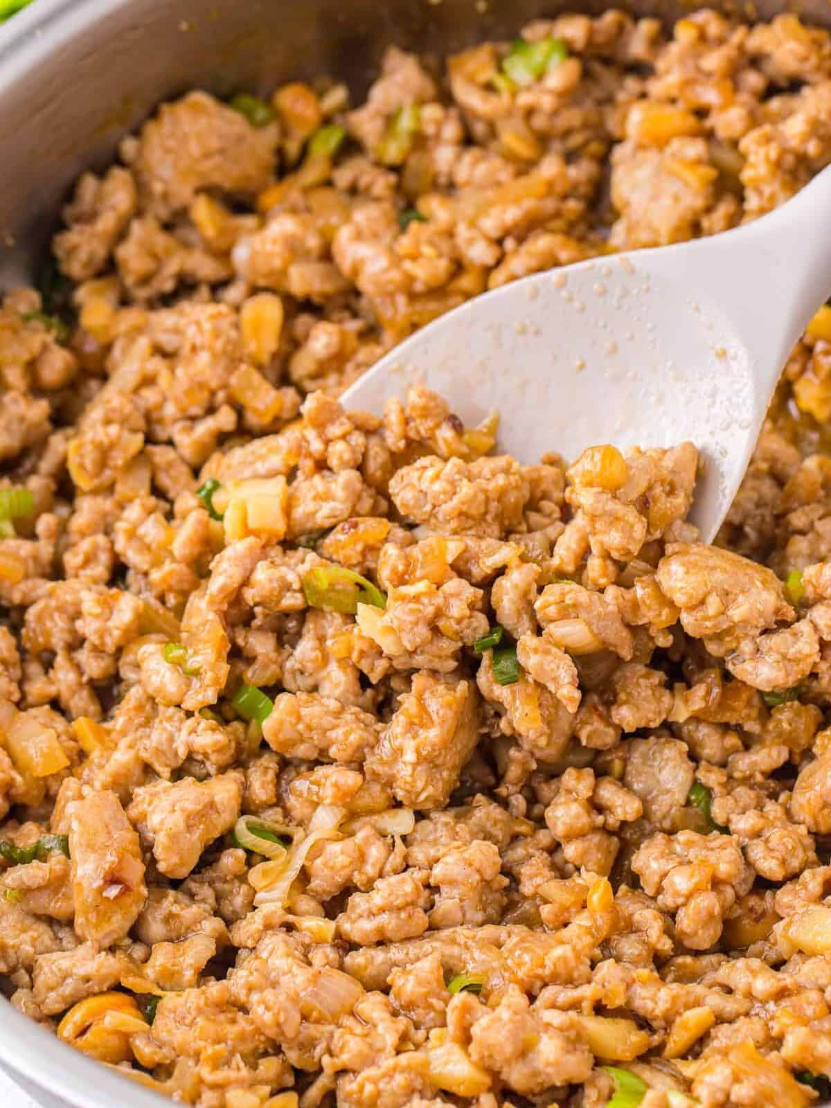 filling for ground chicken lettuce wraps in skillet