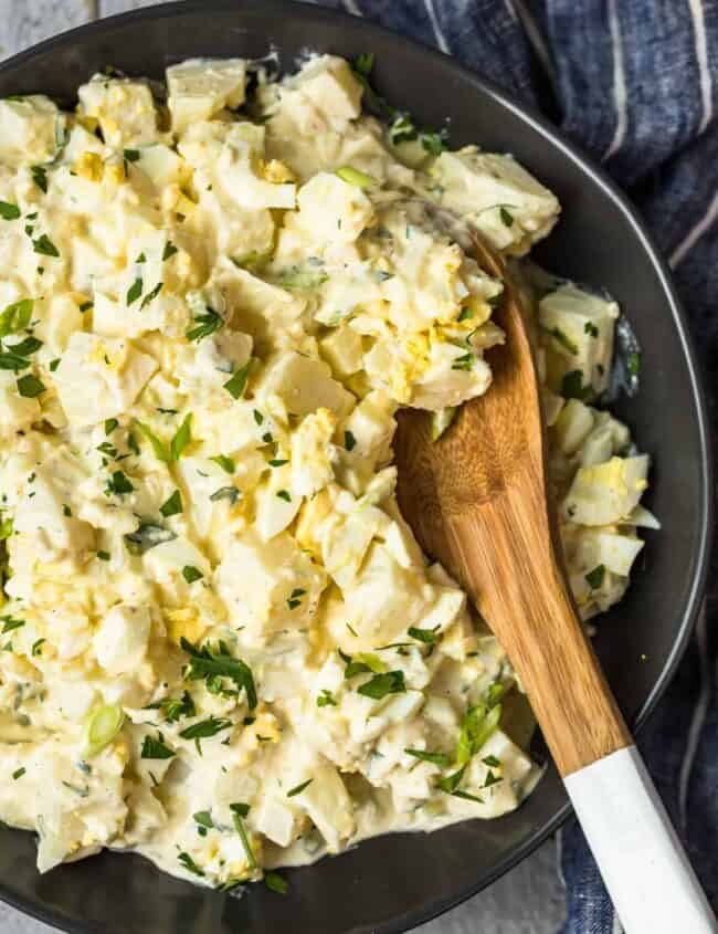 potato salad recipe with wooden spoon