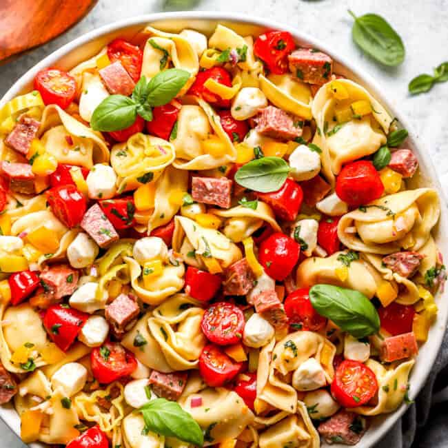 overhead view of tortellini pasta salad in a white serving bowl.