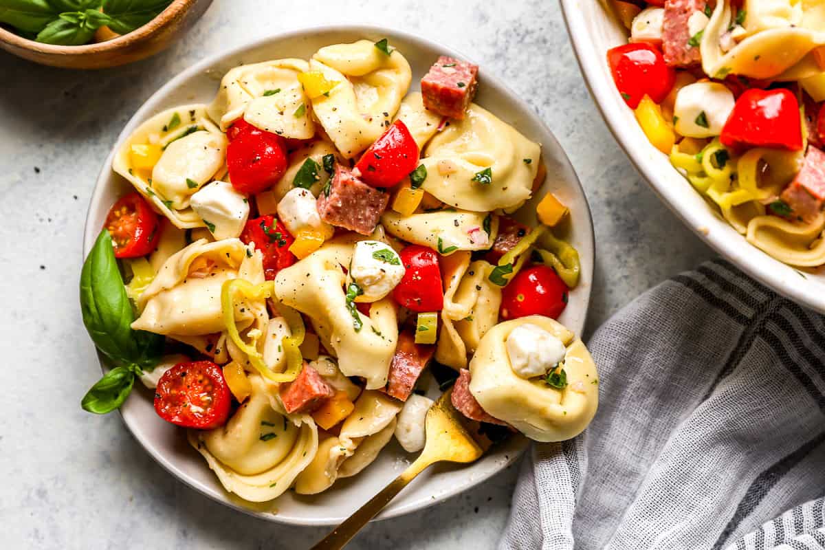 overhead view of a serving of tortellini pasta salad on a white plate.