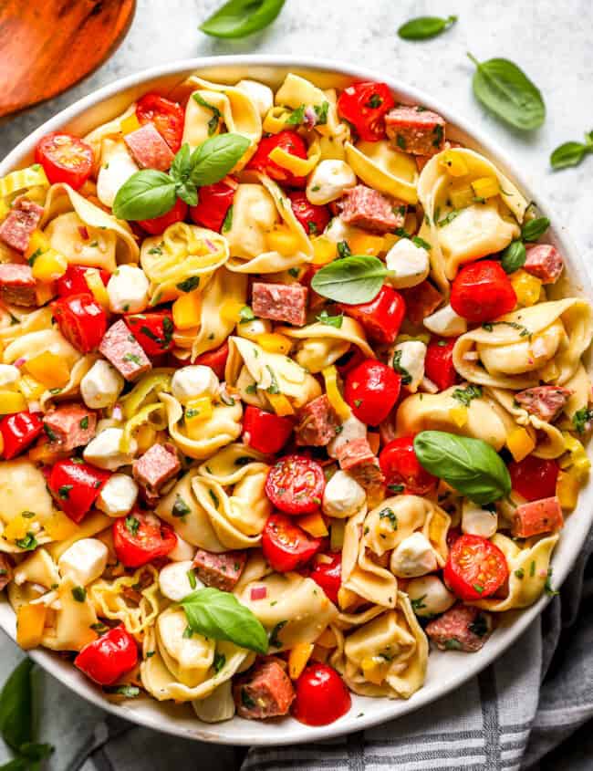 overhead view of tortellini pasta salad in a white serving bowl.