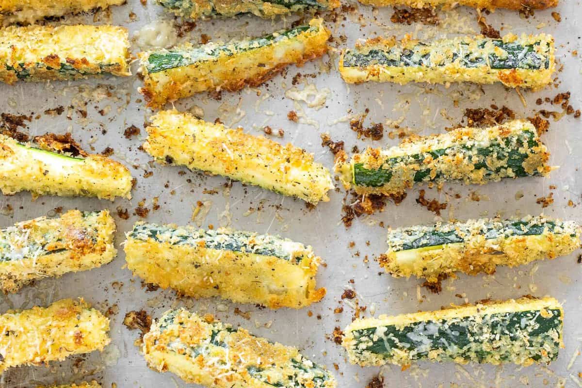 crispy zucchini fries on baking sheet