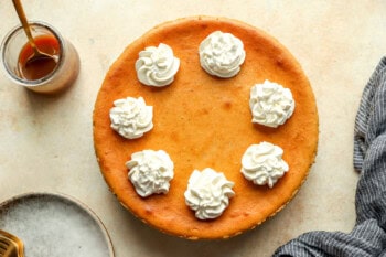 overhead view of pumpkin cheesecake topped with whipped cream.