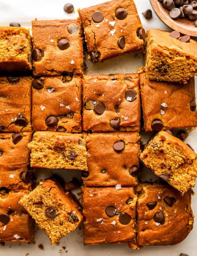 overhead view of cut pumpkin cookie bars.