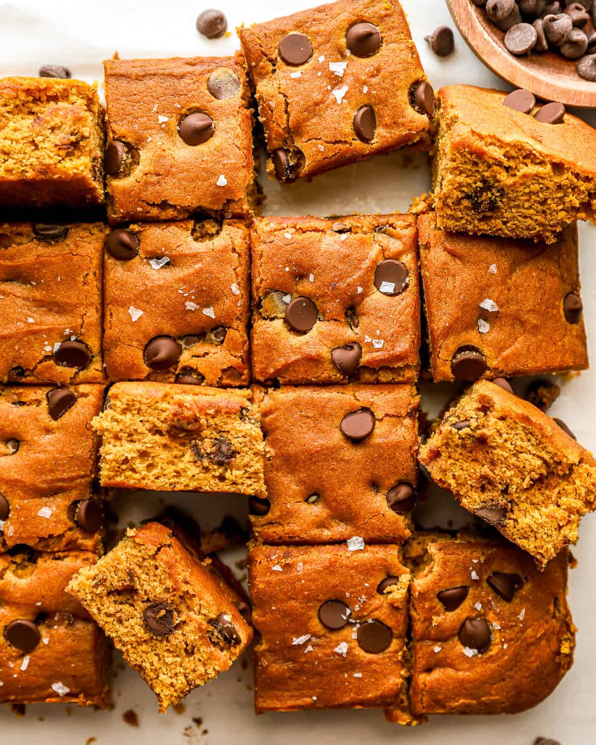 overhead view of cut pumpkin cookie bars.